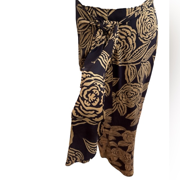 80s 2PC DANA BUCHMAN SILK NAVY & TAN FLORAL FITTED LUXURY TOP & WRAP MAXI SKIRT - Picture 11 of 14